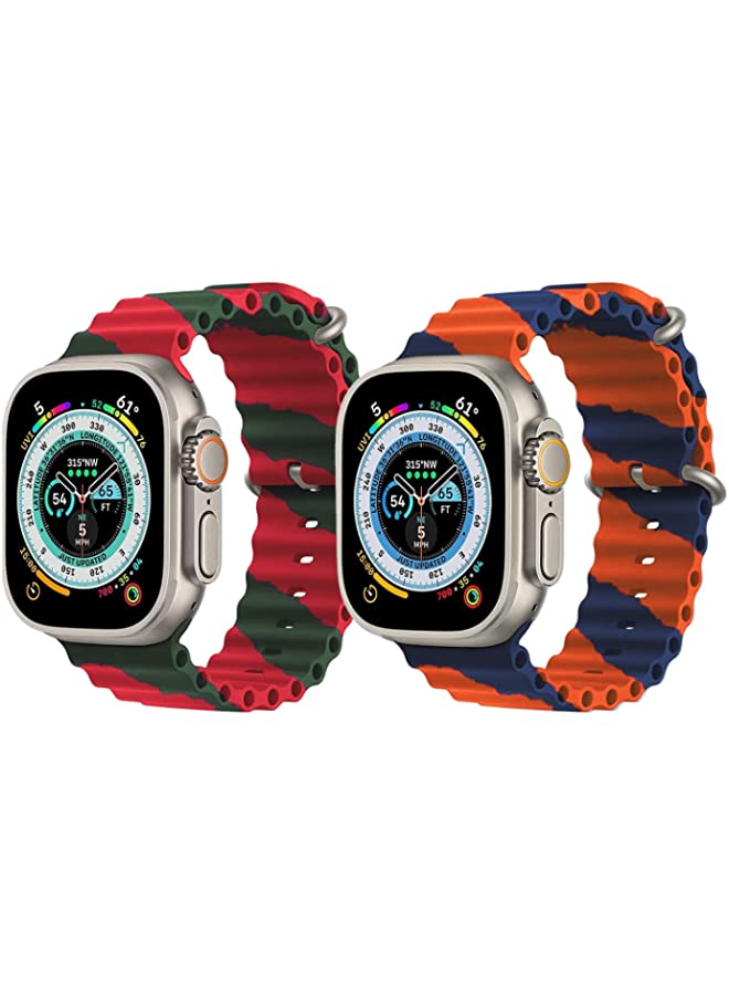 IAF Silicone Ocean Band Strap for Apple Watch Ultra 8 49mm Red/Green Double Line Strap with Orange/Blue Double Line Strap Set of 2