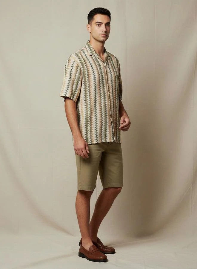 Splash FAV Men Camp Collar Striped Short Sleeves Resort Shirt