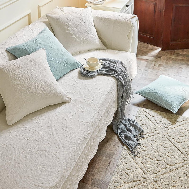 XSlive Leaf Floral Cotton Quilted Dog Couch Cover for Sofa Farmhouse Rustic Embroidered Sectional Couch Cover Soft Anti-Slip Sofa Slipcover Furniture Protector for Kids, Pets (White,28"x28") - Image 3