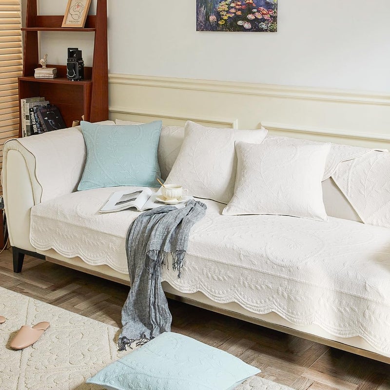 XSlive Leaf Floral Cotton Quilted Dog Couch Cover for Sofa Farmhouse Rustic Embroidered Sectional Couch Cover Soft Anti-Slip Sofa Slipcover Furniture Protector for Kids, Pets (White,28"x28") - Image 4