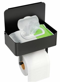 "Toilet Paper Holder with Shelf, Flushable Wipes Dispenser Fits for Bathroom Wipe Storage, Keep Your Wipes Hidden Out of Sight - Stainless Steel Wall Mount Organizer ( Matte Black ) "