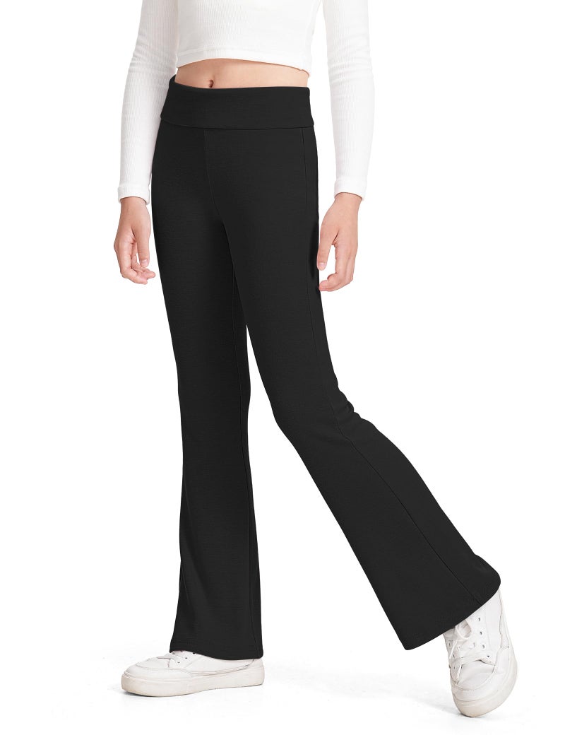 BOOPH Girls Leggings Kids Flare Leggings Fold Over Waistband Casual Bell Bottom Pants for Teens, Black, 5-6 Years - Image 1