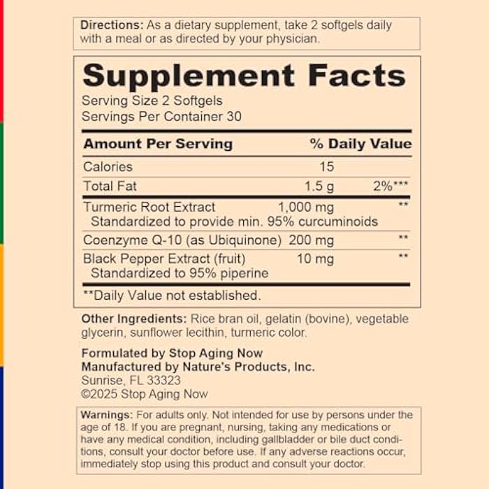 Stop Aging Now - Curcumin CoQ10 Complex - with Turmeric Root Extract - Antioxidant & Cardiovascular Support - 60 Softgels - Image 4