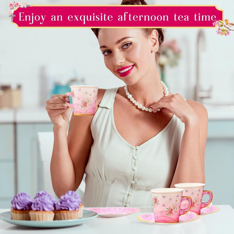 Rtteri 100 Pcs Tea Party Decorations 65 oz Paper Tea Cups and Saucers Set Includes 50 Pcs Disposable Tea Cups 50 Pcs Tea Party Plates Pink Floral Tea Party Decorations for Women Birthday Princess - Image 5