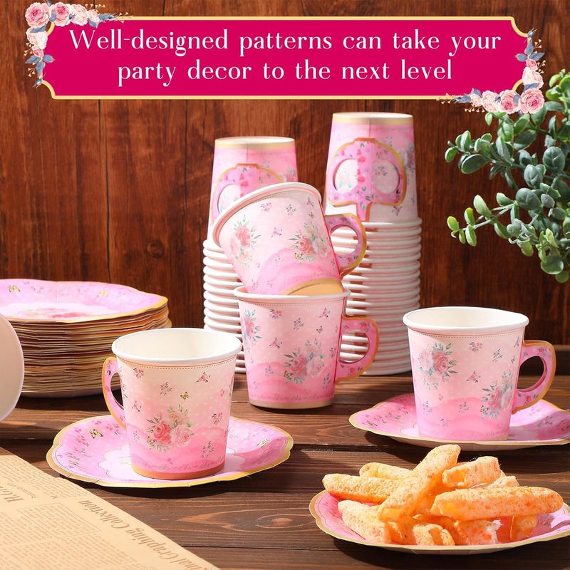 Rtteri 100 Pcs Tea Party Decorations 65 oz Paper Tea Cups and Saucers Set Includes 50 Pcs Disposable Tea Cups 50 Pcs Tea Party Plates Pink Floral Tea Party Decorations for Women Birthday Princess - Image 4