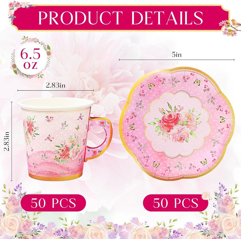 Rtteri 100 Pcs Tea Party Decorations 65 oz Paper Tea Cups and Saucers Set Includes 50 Pcs Disposable Tea Cups 50 Pcs Tea Party Plates Pink Floral Tea Party Decorations for Women Birthday Princess - Image 2