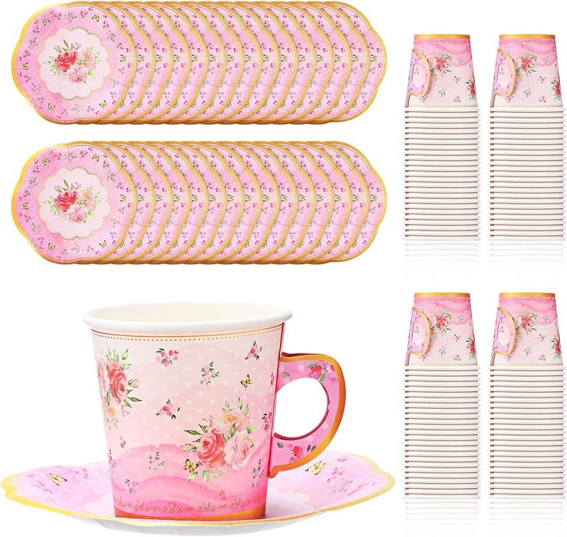 Rtteri 100 Pcs Tea Party Decorations 65 oz Paper Tea Cups and Saucers Set Includes 50 Pcs Disposable Tea Cups 50 Pcs Tea Party Plates Pink Floral Tea Party Decorations for Women Birthday Princess - Image 1