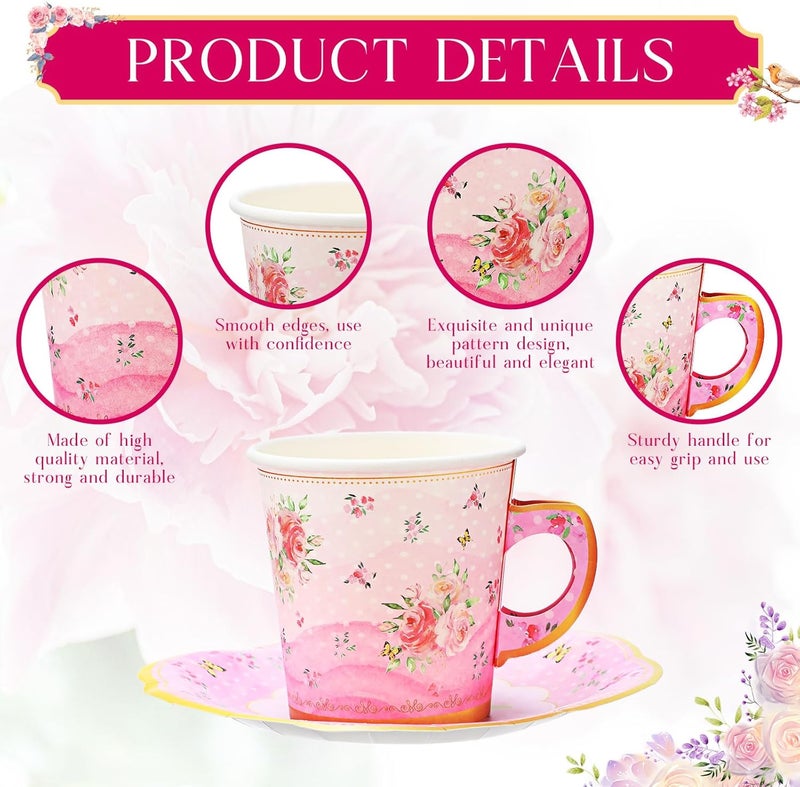 Rtteri 100 Pcs Tea Party Decorations 65 oz Paper Tea Cups and Saucers Set Includes 50 Pcs Disposable Tea Cups 50 Pcs Tea Party Plates Pink Floral Tea Party Decorations for Women Birthday Princess - Image 3