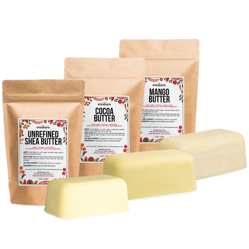 Better Shea Butter Set of Raw Shea Butter, Raw Mango Butter, Unrefined Cocoa Butter For Soap Making and DIY Body Butters, Lip Balms, Body Lotions - Each Butter is 16 oz Making 48 oz Total (3-Pack Set) - Image 1
