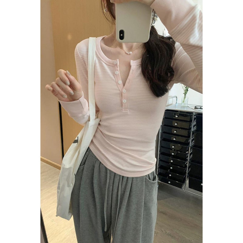 Korean Pure Desire Unique And Beautiful Striped Long-Sleeved T-Shirt Women'S 2025 Spring New Slim Fit Inner Base - Image 3
