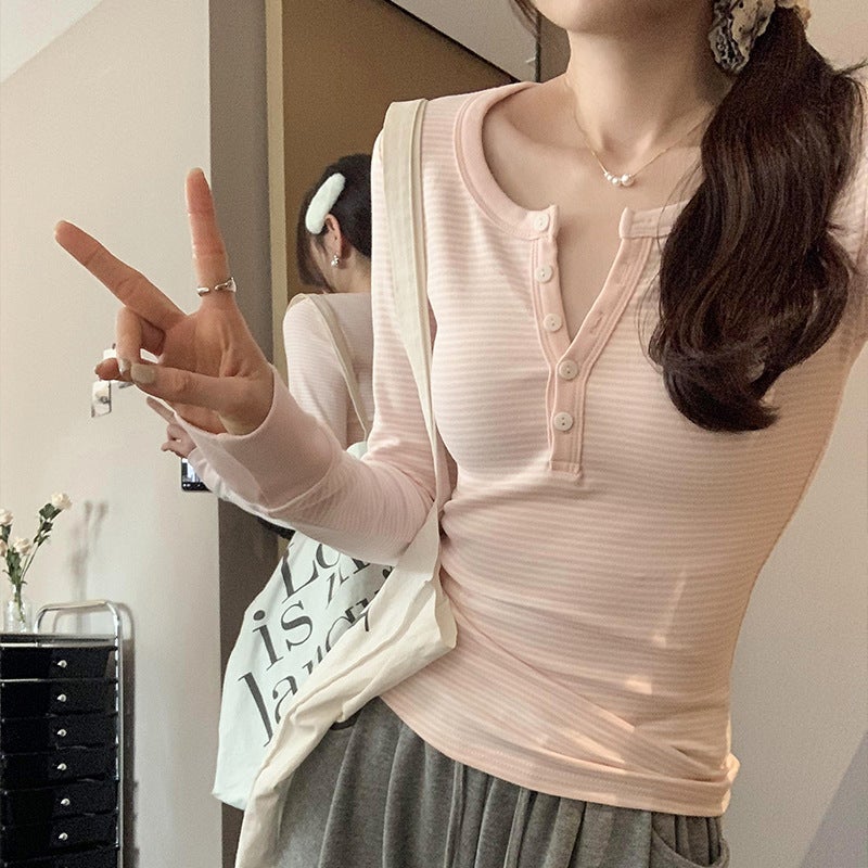 Korean Pure Desire Unique And Beautiful Striped Long-Sleeved T-Shirt Women'S 2025 Spring New Slim Fit Inner Base - Image 4