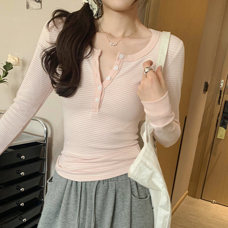 Korean Pure Desire Unique And Beautiful Striped Long-Sleeved T-Shirt Women'S 2025 Spring New Slim Fit Inner Base - Image 1