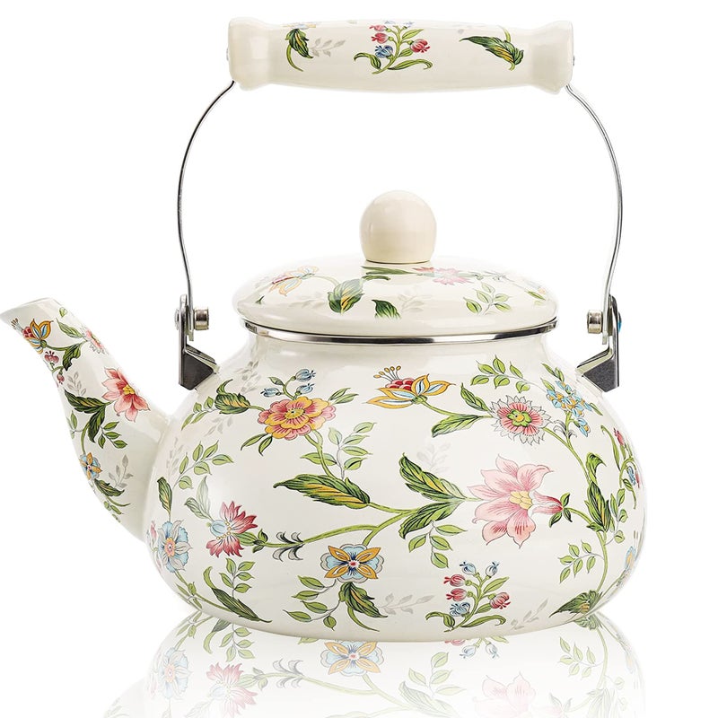 OLYTARU Enamel Teapot floralLarge Porcelain Enameled TeakettleColorful Water Tea Kettle pot for StovetopSmall Retro Classic Design style01 Growing