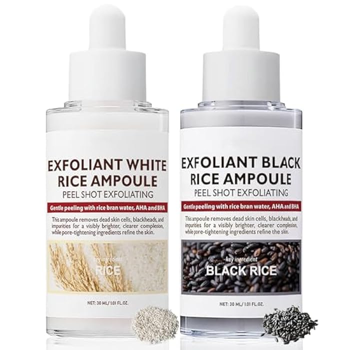 Loobexery 2PCS Rice Exfoliating Ampoule Set, Black & White Rice Peel Shot Glow Rice Ampoule Duo, Gentle Peel + Pore Minimizing & Deep Hydration for All Skin Types - Image 1