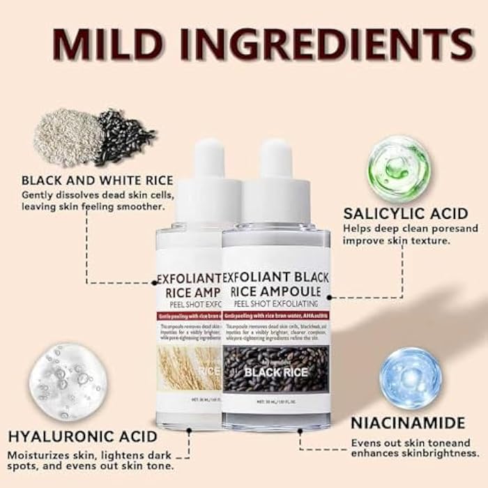 Loobexery 2PCS Rice Exfoliating Ampoule Set, Black & White Rice Peel Shot Glow Rice Ampoule Duo, Gentle Peel + Pore Minimizing & Deep Hydration for All Skin Types - Image 3