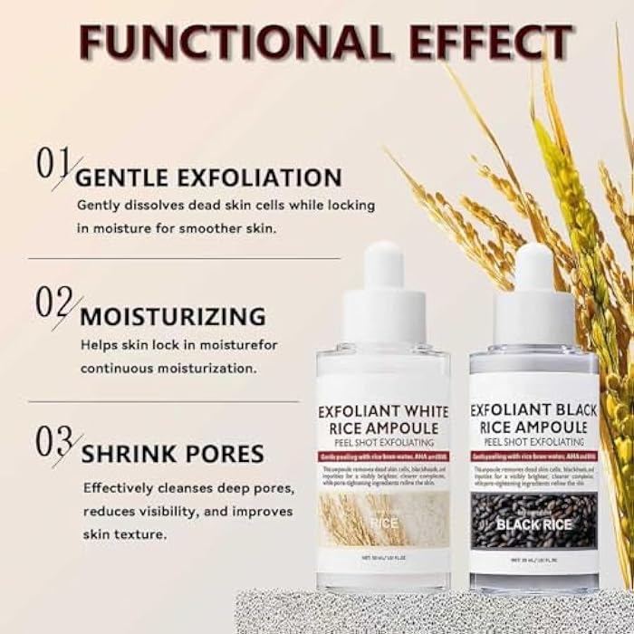 Loobexery 2PCS Rice Exfoliating Ampoule Set, Black & White Rice Peel Shot Glow Rice Ampoule Duo, Gentle Peel + Pore Minimizing & Deep Hydration for All Skin Types - Image 2