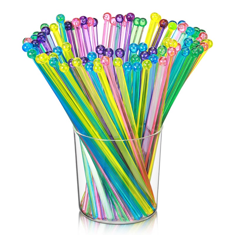 Mudder 100 Pieces Disposable Plastic Round Top Crystal Swizzle Sticks MultiColor