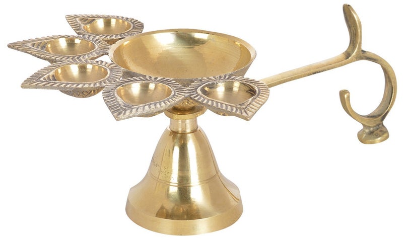YASHVIN Brass Panch Diya For Puja Big Size with Heavy Handle Panch Aarti Lamp Pancharti Diya Oil Lamp Panch Mukhi Aarti Deepak Oil Lamp Jyoti Puja Diya Stand || Puja Diya for Diwali/Navratri || SHM442 - Image 3