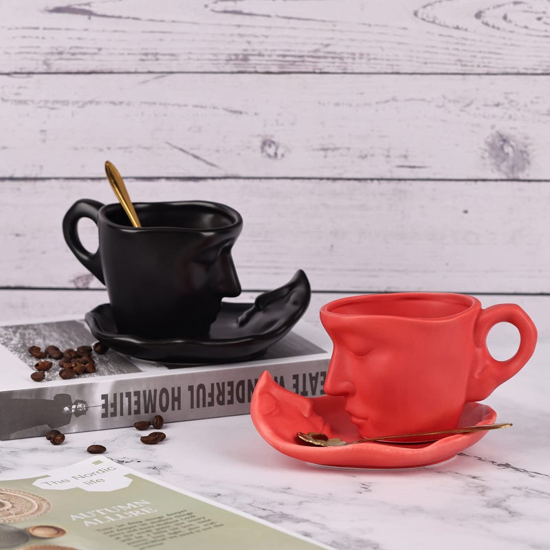 oliruim Tea Cup and Saucer Set Ceramic Kissing Couple Coffee Mug Set With Spoon Face Coffee Cup Unique Teacup and Saucer Valentine's Day Christmas Creative Gift - Image 3
