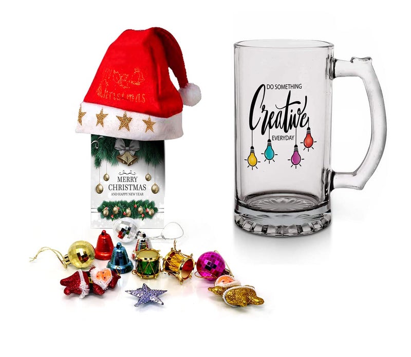 Kesri Gifts Kesri Gifts Christmas Gift Set Printed Beer Mug 12 Christmas Ornaments with Santa Cap Xmas Greeting Card for Xmas Gift ComboxmBrm21246 - Image 1