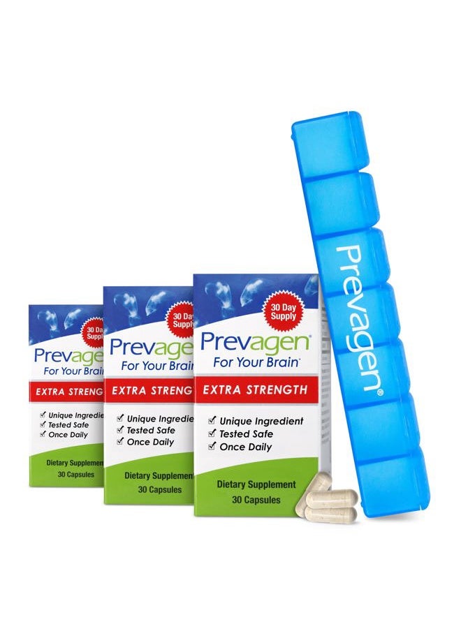Prevagen - Extra Strength 20mg, 30 Capsules |3 Pack| with Apoaequorin & Vitamin D and 7-Day Pill Minder - Image 1