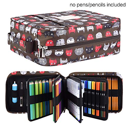 qianshan Pencil Case Holder Slot - Holds 260 Colored Pencils or 180 Gel Pens with Zipper Closure - Large Capacity Polyester Pen Organizer for Watercolor Pens or Markers - Perfect for Artist Brown cat - Image 2