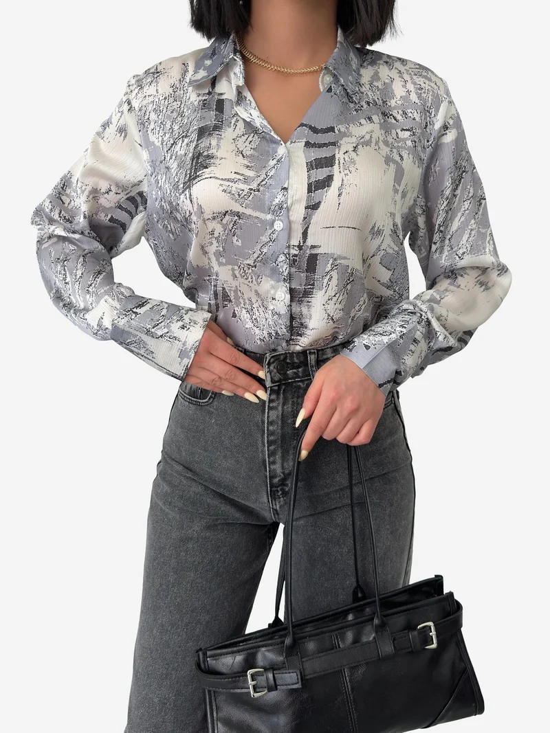 My Fashion Grey MY FASHION Abstract Print Long Sleeve Button-Up Shirt for Women | Best Price UAE