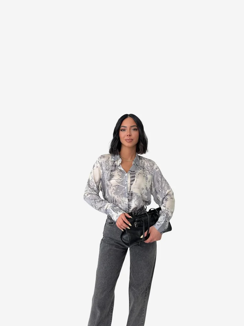My Fashion Grey MY FASHION Abstract Print Long Sleeve Button-Up Shirt for Women | Best Price UAE