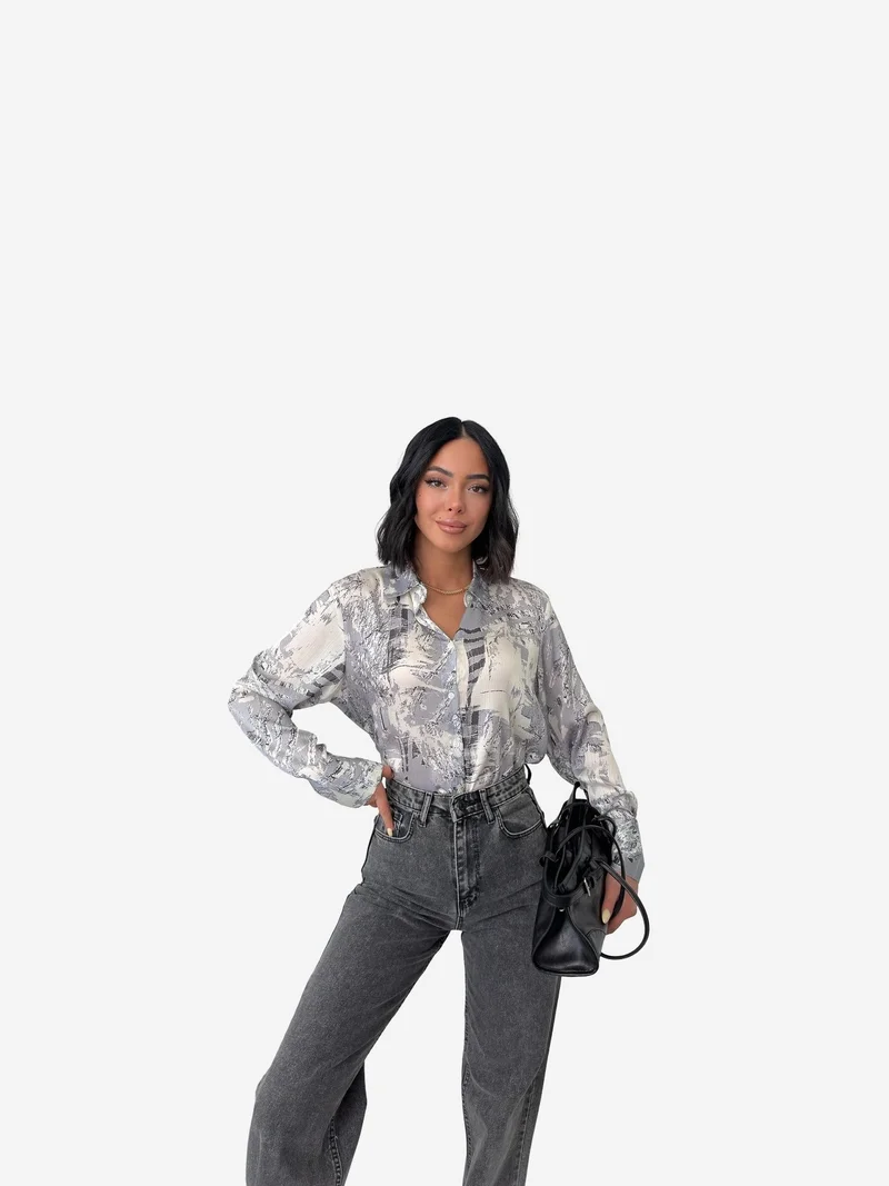 My Fashion Grey MY FASHION Abstract Print Long Sleeve Button-Up Shirt for Women | Best Price UAE