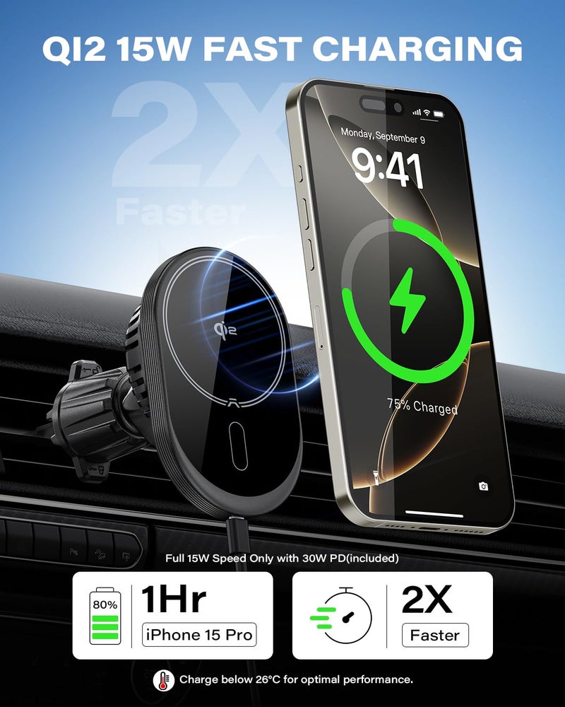 A2C for MagSafe Car Mount Charger, QI2 15W Wireless Car Charger with Dual Cooling Tech, Magnetic Car Charger for iPhone 17 16 15 14 13 12, Dash+Windshield+Vent Mount, PD 30W Adaptor Included - Image 2