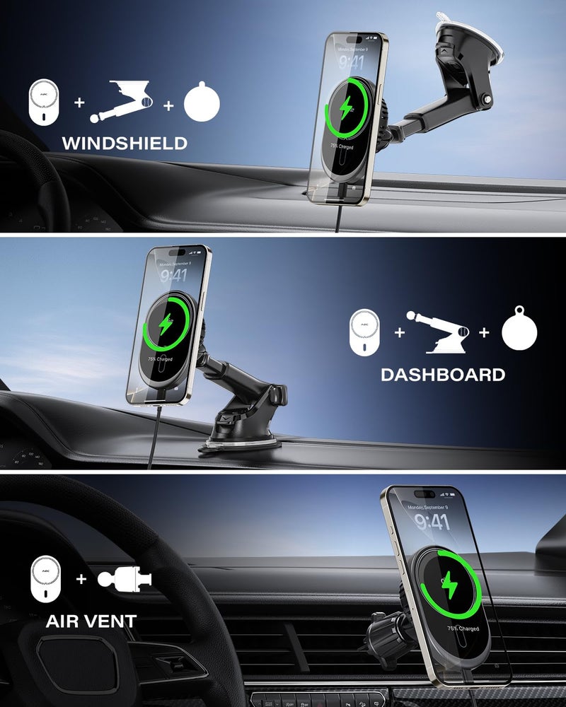 A2C for MagSafe Car Mount Charger, QI2 15W Wireless Car Charger with Dual Cooling Tech, Magnetic Car Charger for iPhone 17 16 15 14 13 12, Dash+Windshield+Vent Mount, PD 30W Adaptor Included - Image 5
