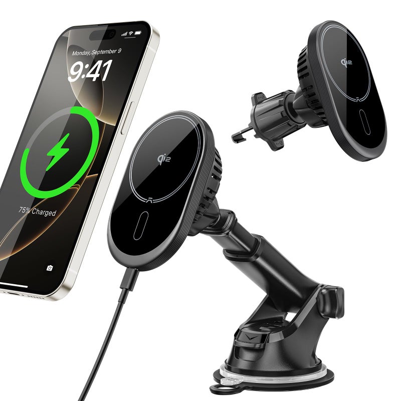 A2C for MagSafe Car Mount Charger, QI2 15W Wireless Car Charger with Dual Cooling Tech, Magnetic Car Charger for iPhone 17 16 15 14 13 12, Dash+Windshield+Vent Mount, PD 30W Adaptor Included - Image 1