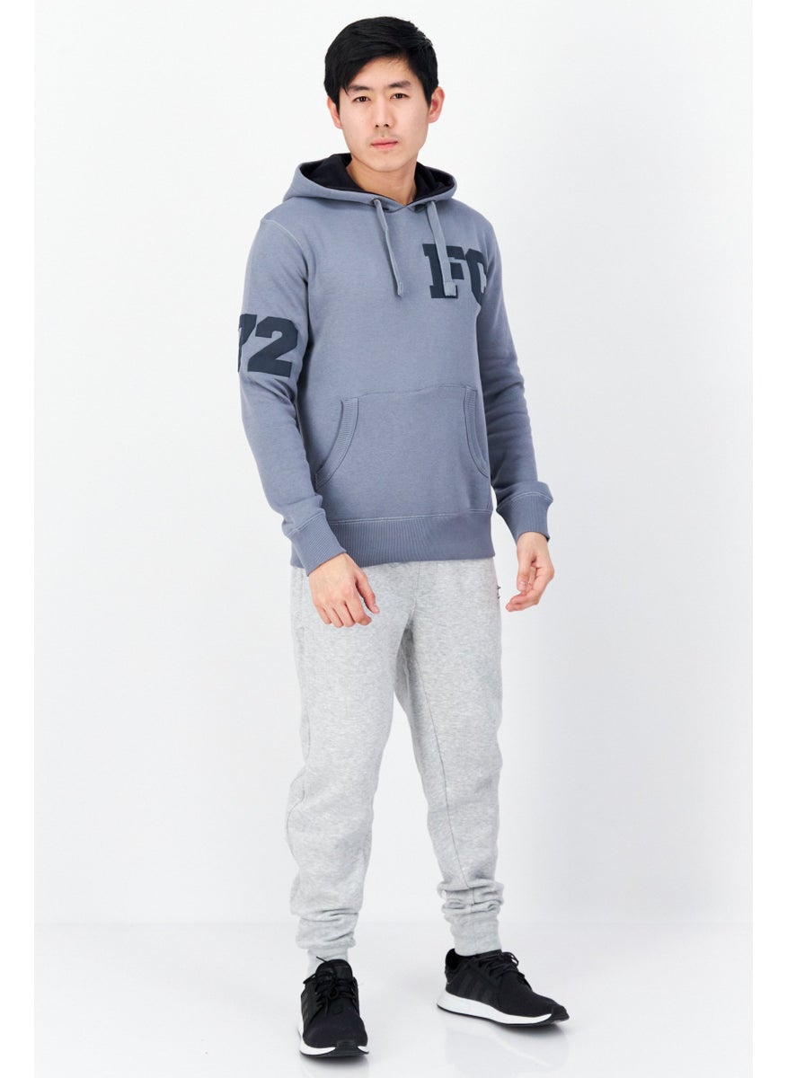 French Connection - Men Long Sleeve Brand Logo Hoodie, Slate Blue - Image 1
