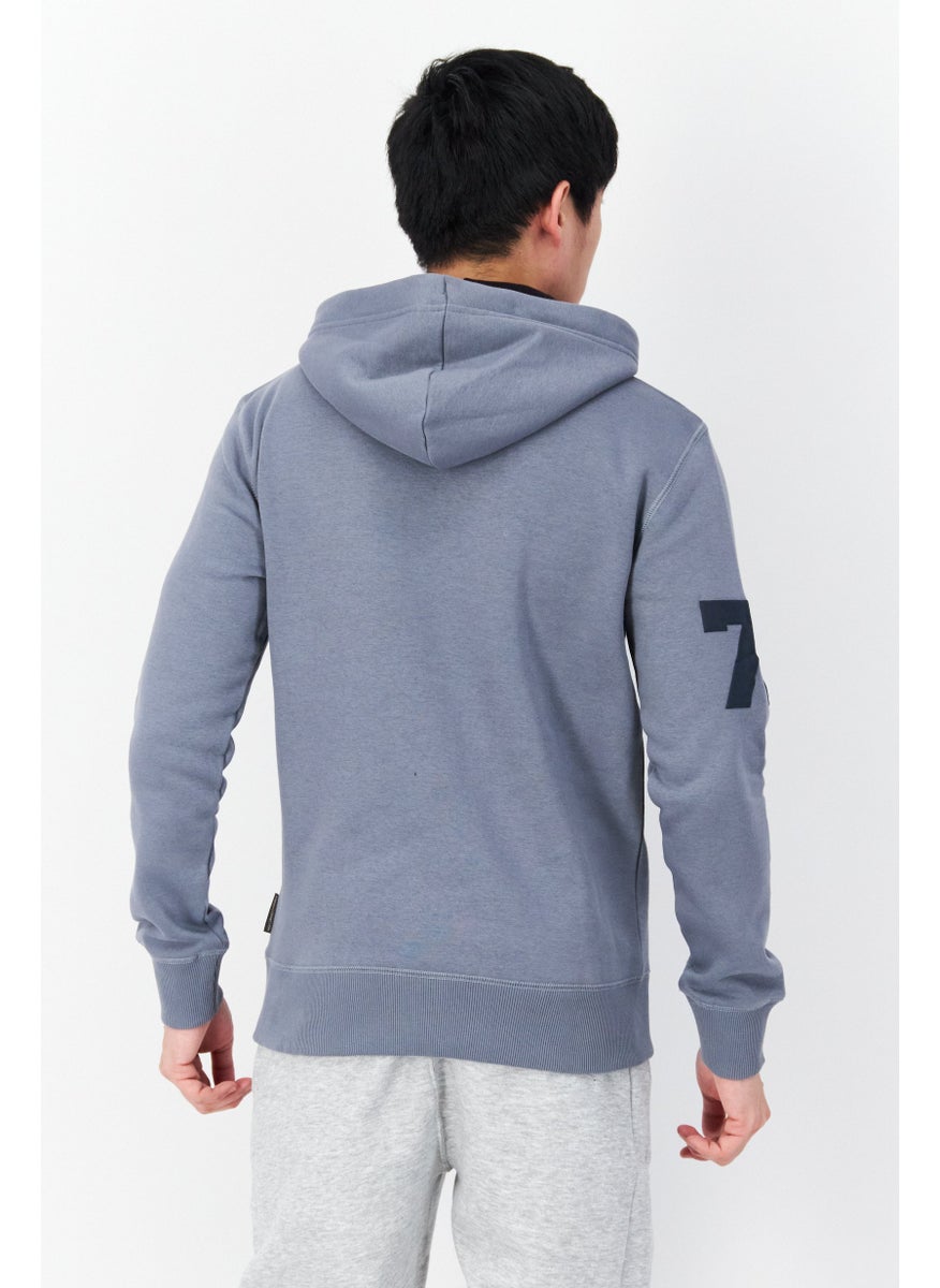 French Connection - Men Long Sleeve Brand Logo Hoodie, Slate Blue - Image 1