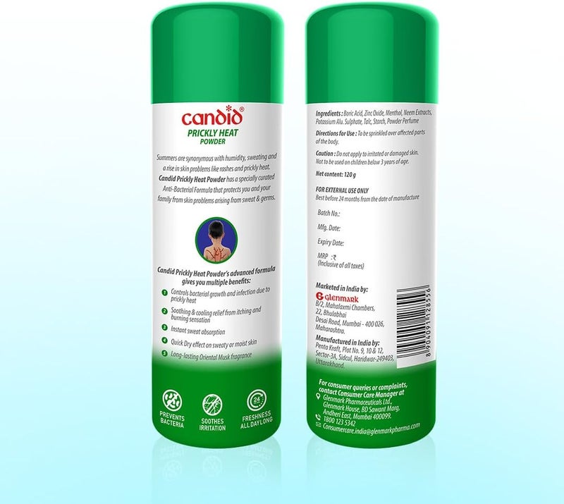Candid Prickly Heat Powder | Relief from Rashes & Prickly Heat | Neem & Menthol Cooling | Soothing Relief from Itching & Burning | Sweat Absorption | Controls Bacterial Growth | 120g - Image 3