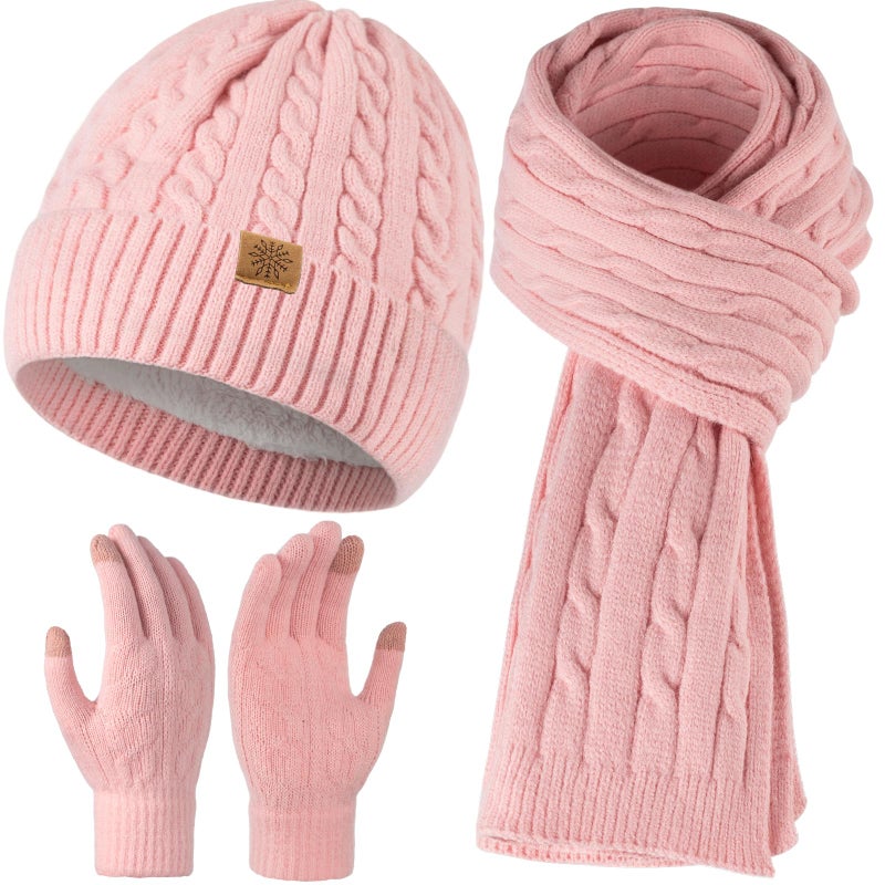 Tavaleu Winter Scarf Hat Gloves Set for Women Men, Warm Lined Beanie Hats Touchscreen Gloves Soft Long Scarf, Pink - Image 1