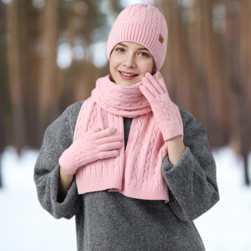 Tavaleu Winter Scarf Hat Gloves Set for Women Men, Warm Lined Beanie Hats Touchscreen Gloves Soft Long Scarf, Pink - Image 5