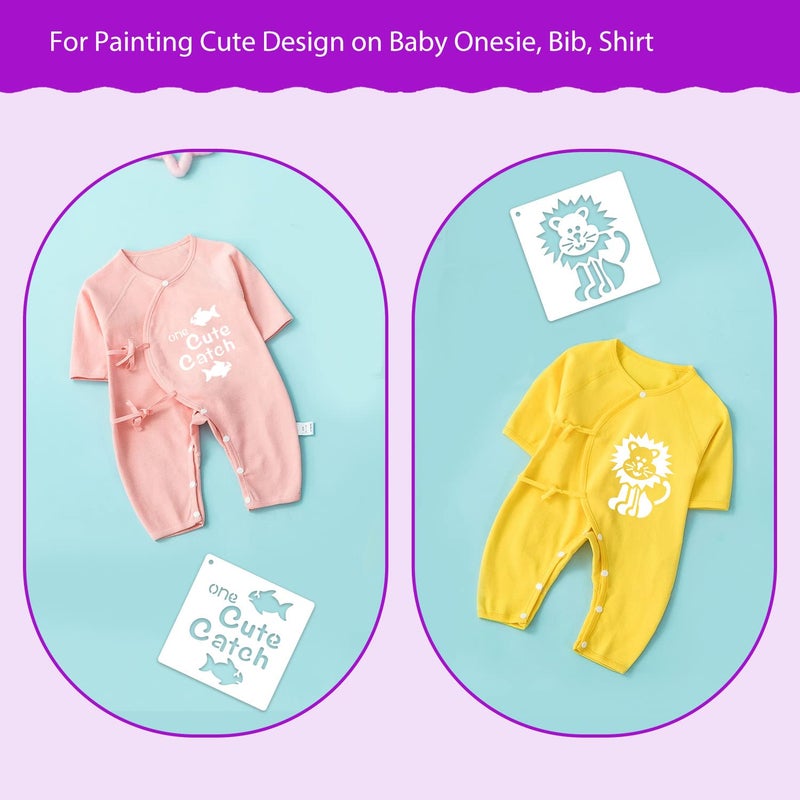 eageus 30 Pieces Baby Shower Stencils, 5 Inch Cute Onesie Stencil Reusable Mixed Phrase for Painting, Small Animals Template for Bodysuit Shirts Shoes Bibs Clothes - Image 4