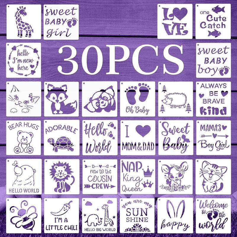 eageus 30 Pieces Baby Shower Stencils, 5 Inch Cute Onesie Stencil Reusable Mixed Phrase for Painting, Small Animals Template for Bodysuit Shirts Shoes Bibs Clothes - Image 1