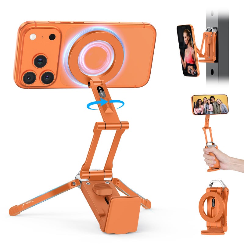 OMOTON TP02 360Â°Rotating for MagSafe Tripod Mount, Adjustable Aluminum Magnetic Phone Tripod for iPhone 17/16/15/14 Pro Max Air, Foldable Cell Phone Stand Fits Vlog, Gym, Travel Essentials, Orange - Image 1