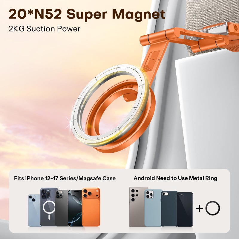 OMOTON TP02 360Â°Rotating for MagSafe Tripod Mount, Adjustable Aluminum Magnetic Phone Tripod for iPhone 17/16/15/14 Pro Max Air, Foldable Cell Phone Stand Fits Vlog, Gym, Travel Essentials, Orange - Image 2