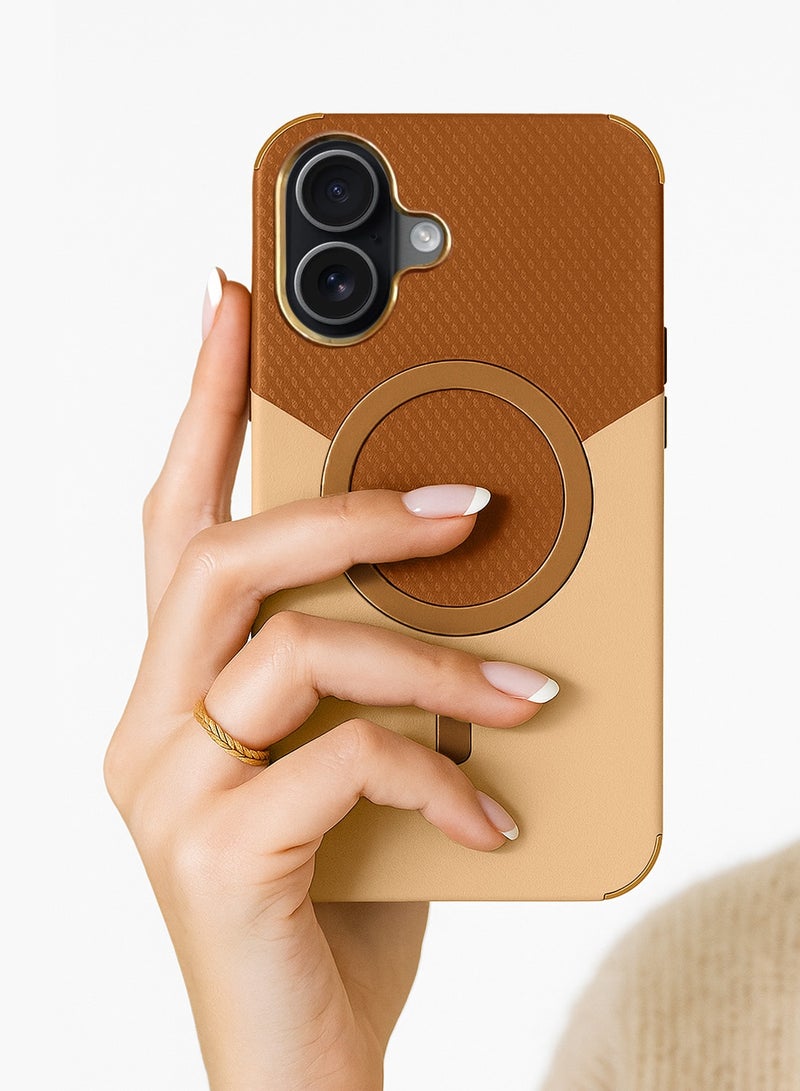 دبليو تيك غطاء حماية مغناطيسي من الجلد الفاخر بحلوان مزدوجة لجهاز آبل آيفون 17 5G 2025 (MCMPMN) - بني/ذهبي - Image 3