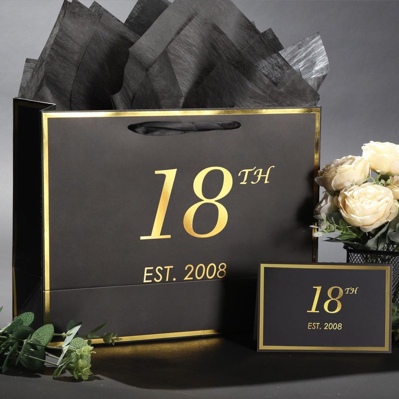 momoake 18th Birthday Gift Bag with Card and Tissue Paper for Boys Men Women Him, 2008 18 Year Old 13" Elegant Black Gold Anniversary Keepsake Party Present Shopping Paper Bags for Gifts Wrapping - Image 5