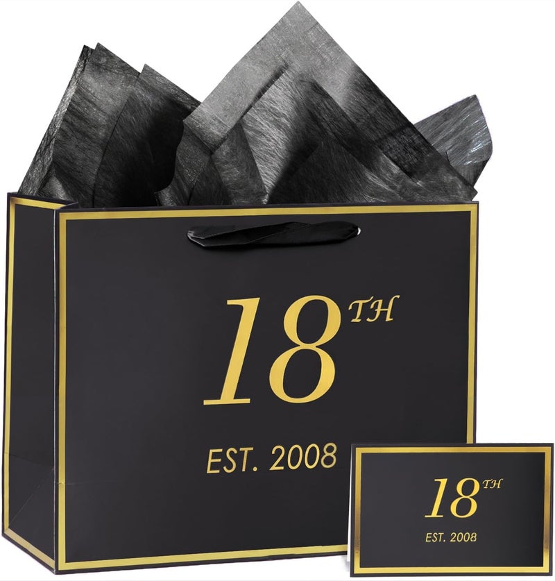 momoake 18th Birthday Gift Bag with Card and Tissue Paper for Boys Men Women Him, 2008 18 Year Old 13" Elegant Black Gold Anniversary Keepsake Party Present Shopping Paper Bags for Gifts Wrapping - Image 1