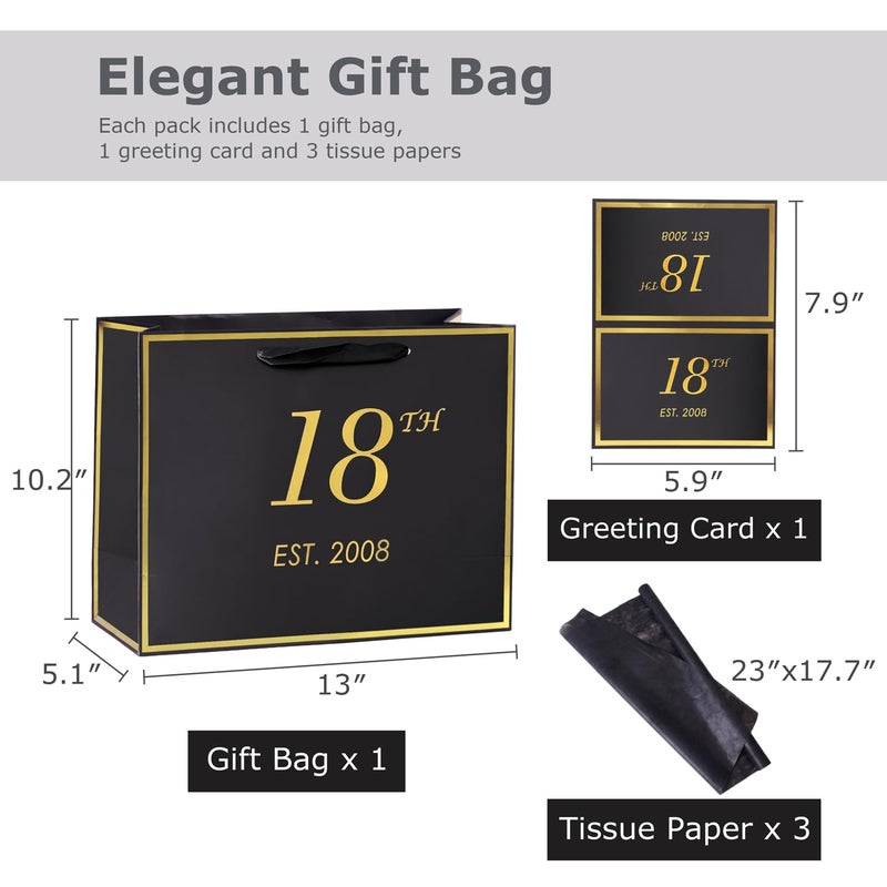 momoake 18th Birthday Gift Bag with Card and Tissue Paper for Boys Men Women Him, 2008 18 Year Old 13" Elegant Black Gold Anniversary Keepsake Party Present Shopping Paper Bags for Gifts Wrapping - Image 2