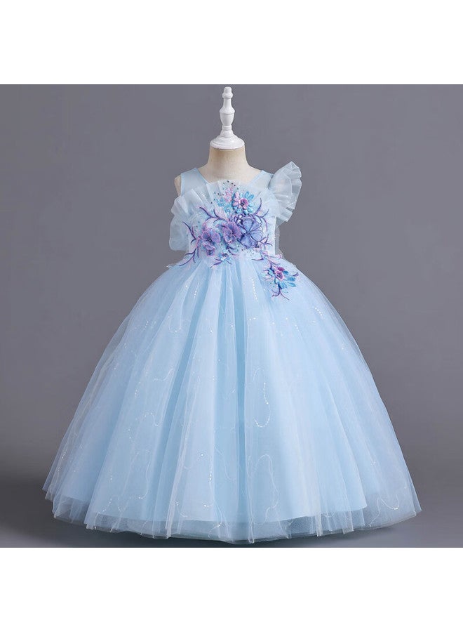 Luobobeibei Girls' Dress Princess Flower Girl Wedding Dress Piano New Year Dress Blue Size 130 - Image 3