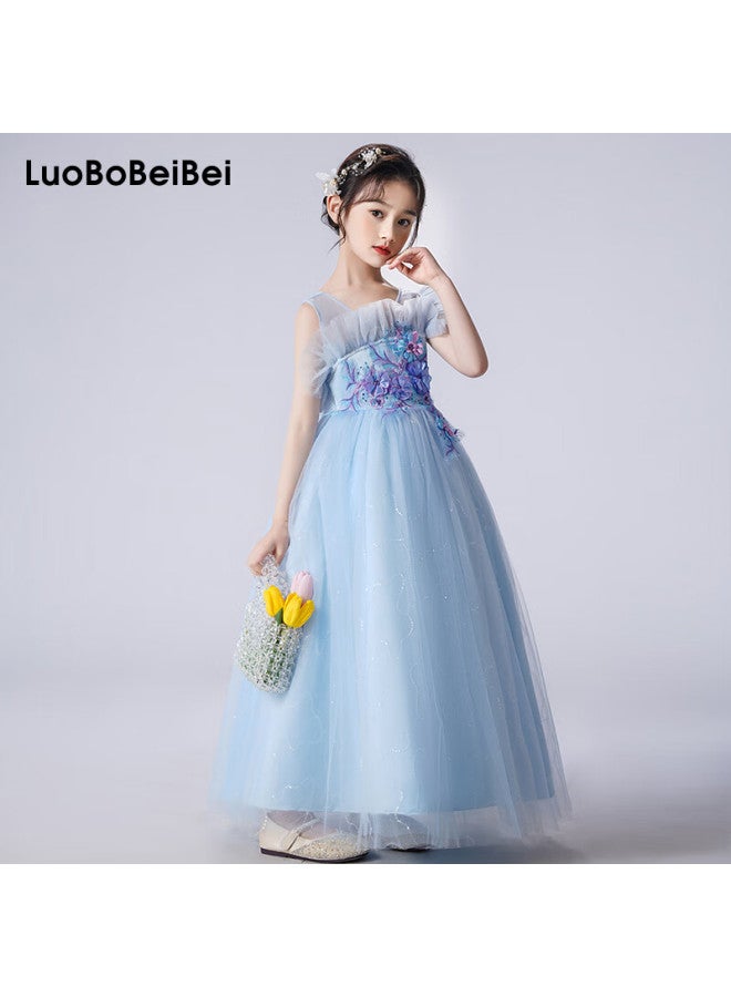 Luobobeibei Girls' Dress Princess Flower Girl Wedding Dress Piano New Year Dress Blue Size 130 - Image 1