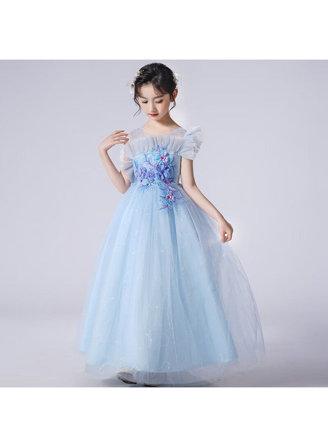 Luobobeibei Girls' Dress Princess Flower Girl Wedding Dress Piano New Year Dress Blue Size 130 - Image 2