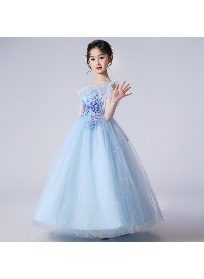 Luobobeibei Girls' Dress Princess Flower Girl Wedding Dress Piano New Year Dress Blue Size 130 - Image 4