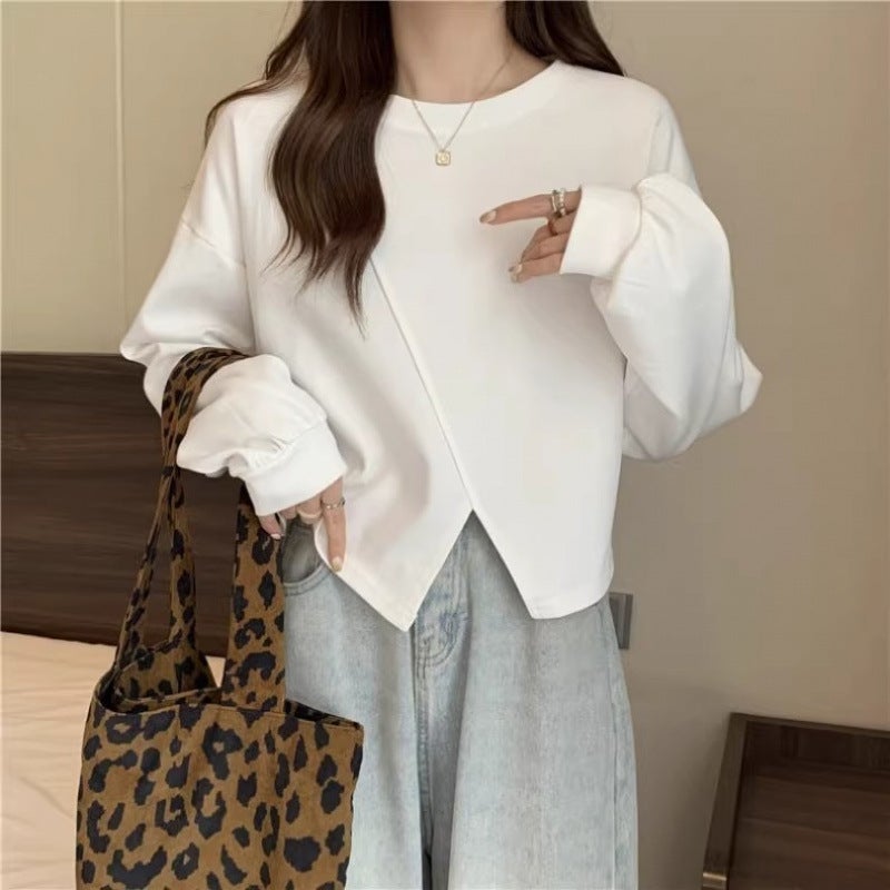 Petite Irregular Hem Cropped Hoodie Spring Thin Top White, good quality, no pilling